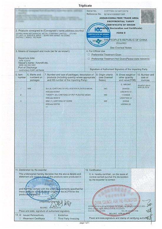 giấy chứng nhận nhập khẩu lưới cửa lưới chống muỗi xếp hệ Basic