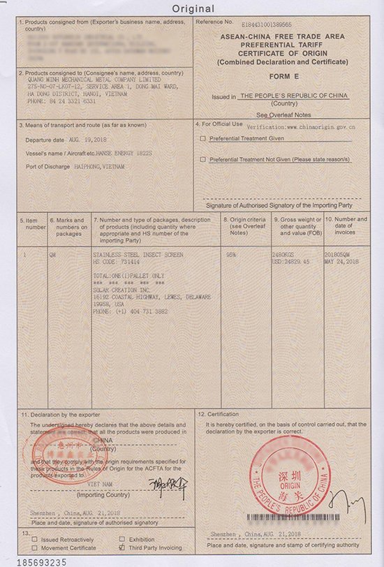 giấy chứng nhận nhập khẩu lưới cửa lưới chống muỗi inox